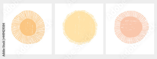 Cute Hand Drawn Vector Illustration with 3 Yellow and Orange Suns ideal for Card, Poster, Wall Art. Lovely Nursery Art with Irregular Shape Suns Isolated on a White Background. Kids Room Decoration.