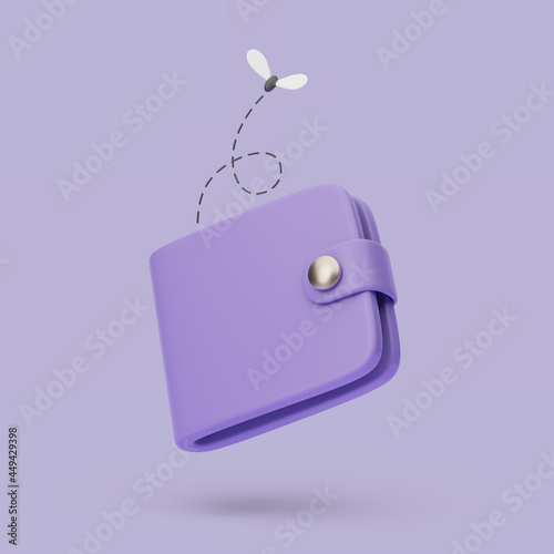 Empty wallet icon with fly. 3d simple render illustration on pastel background.