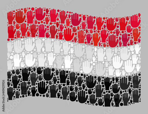 Mosaic waving Yemen flag constructed with raised referendum arm icons. Vector ballot mosaic waving Yemen flag organized for referendum illustrations.