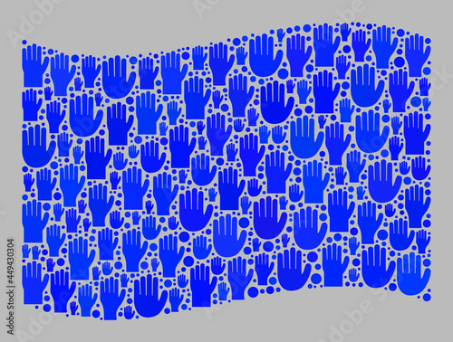 Mosaic waving blue flag created with raised up vote palm items. Vector political collage waving blue flag constructed for referendum applications. Blue flag collage is designed with ballot palms.