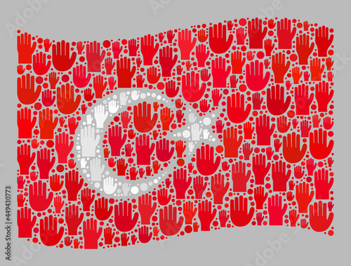 Mosaic waving Turkey flag designed of raised help hand items. Vector poll mosaic waving Turkey flag done for referendum projects. Turkey flag collage is constructed of raising hands.