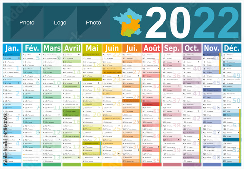 Calendrier 2022 12 mois avec vacances scolaires officielles au format 650x450 mm entièrement modifiable via calques
