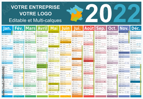 Calendrier 2022 12 mois avec vacances scolaires officielles au format 650x450 mm entièrement modifiable via calques
