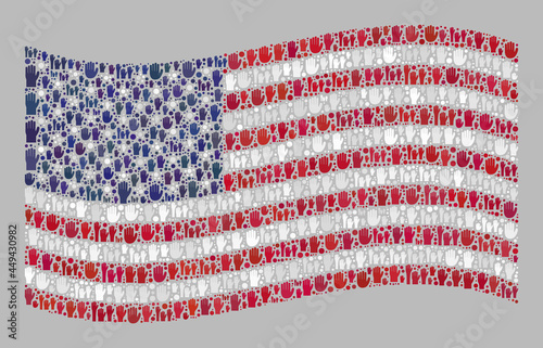 Mosaic waving USA flag designed with raised up referendum palm icons. Vector electoral mosaic waving USA flag combined for official advertisement. USA flag collage is organized with help palms.