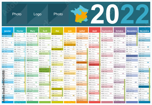 Calendrier 2022 12 mois avec vacances scolaires officielles au format 650x450 mm entièrement modifiable via calques
