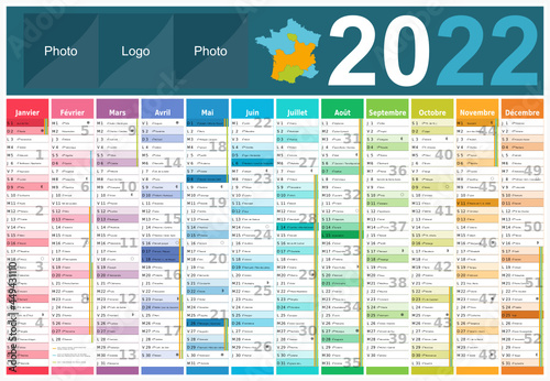 Calendrier 2022 12 mois avec vacances scolaires officielles au format 650x450 mm entièrement modifiable via calques
