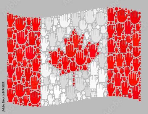 Mosaic waving Canada flag designed with raised election arm items. Vector political mosaic waving Canada flag created for support advertisement. Canada flag collage is designed with solution hands.