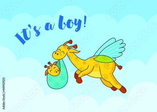 A postcard for a newborn. Funny flying giraffe. Hello Baby. Congratulations on the birth of a child. Birth certificate. Vector illustration. Hello world.