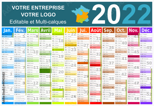 Calendrier 2022 12 mois avec vacances scolaires officielles au format 650x450 mm entièrement modifiable via calques
