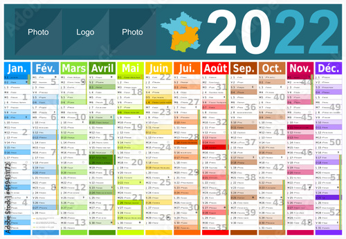 Calendrier 2022 12 mois avec vacances scolaires officielles au format 650x450 mm entièrement modifiable via calques
