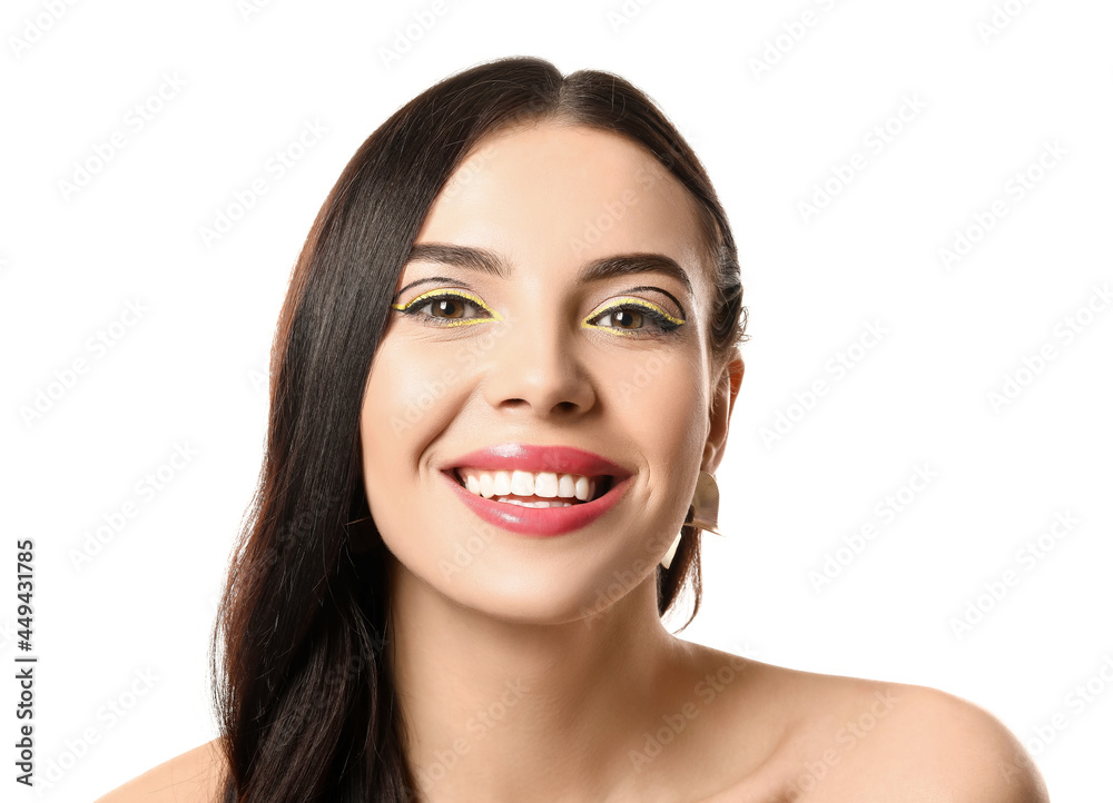 Beautiful young woman with stylish makeup on white background Beautiful young woman with stylish makeup on white background