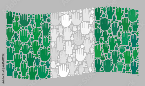 Mosaic waving Nigeria flag created of raised up choice hand elements. Vector vote mosaic waving Nigeria flag designed for party applications. Nigeria flag collage is designed of referendum hands.