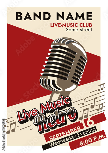 Bright vector poster with red and black colors in retro style. Easily editable retro live concert promo material template. "Live Music Retro" - vector poster with a beautiful mic.