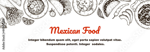 Hand drawn Mexican food horizontal banner. Vector illustration in sketch style