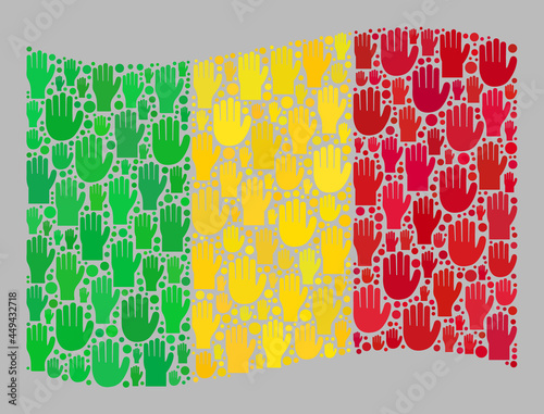 Mosaic waving Mali flag constructed with upwards referendum palm items. Vector vote mosaic waving Mali flag constructed for referendum posters. Mali flag collage is designed of volunteer palms.