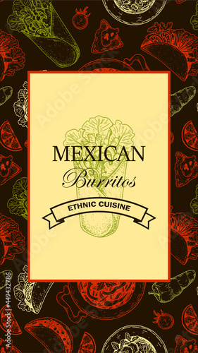 Hand drawn Mexican food vertical design. Vector illustration in sketch style