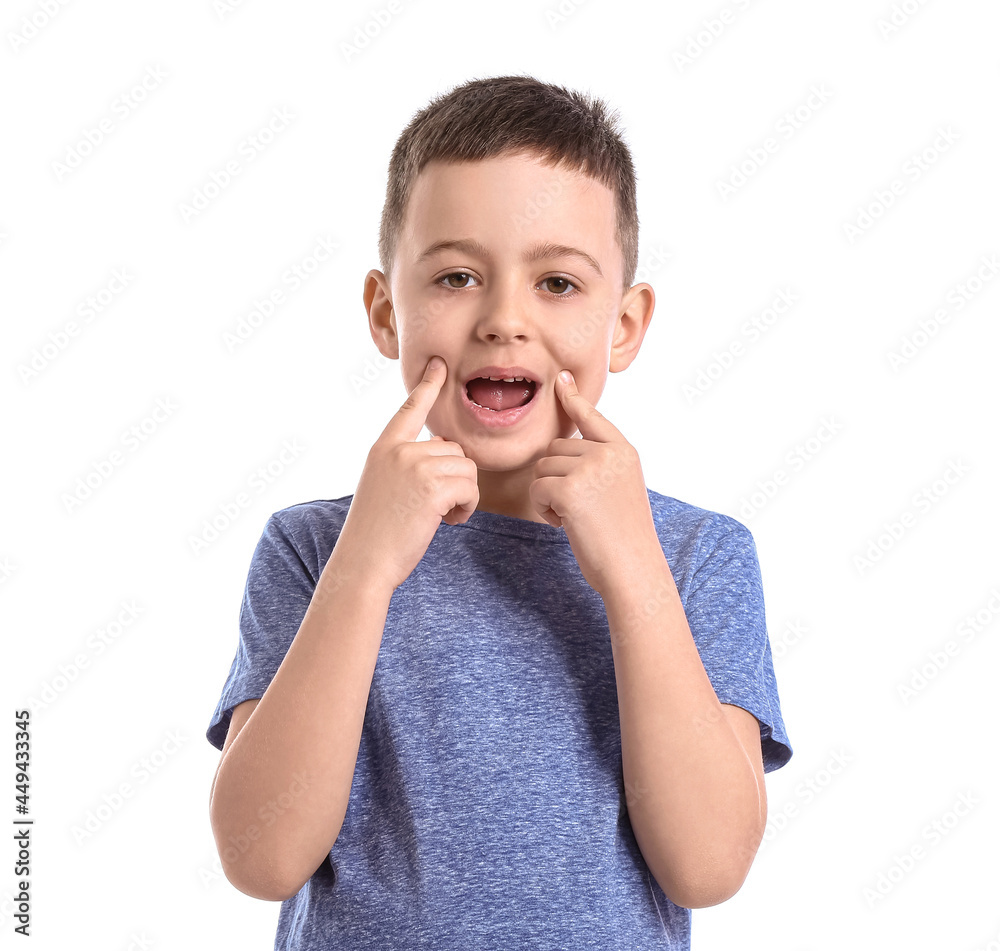 Little boy training pronounce letters on white background Little boy training pronounce letters on white background