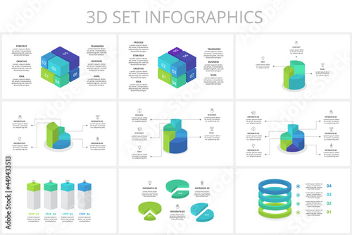 3D set vector infographic pyramid, or comparison chart with 3, 4, 5, 6, 7, colorful levitating layers.