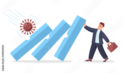 Coronavirus COVID-19 outbreak financial crisis help policy, company and business to survive concept, businessman leader help pushing bar graph falling in economic collapse from COVID-19 virus