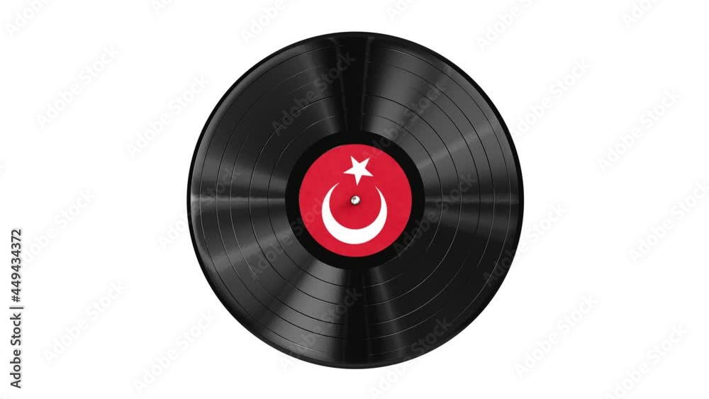 Realistic seamless looping 3D animation of the Turkey national flag label vinyl record isolated on white rendered in UHD with alpha matte Realistic seamless looping 3D animation of the Turkey national flag label vinyl record isolated on white rendered in UHD with alpha matte