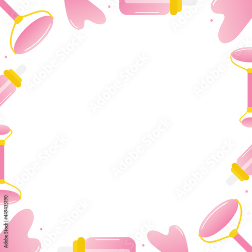 Cute cartoon style rose quartz gua sha roller, beauty tool and oil vector square frame, border for beauty treatment and massage design.
