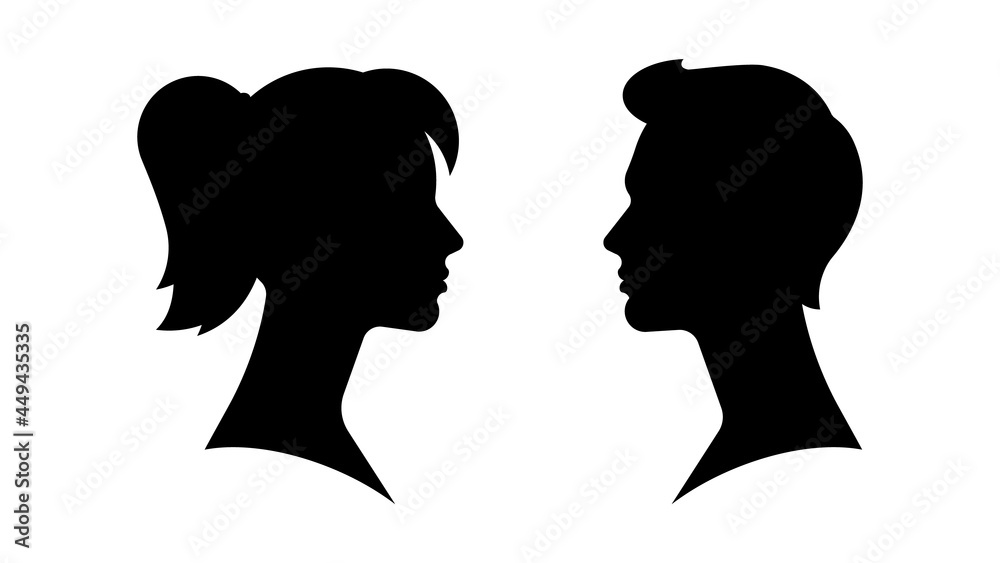 Silhouette of couple. Male and female face. Opposite each other, side view. Beautiful woman and handsome man. Realistic shape of face. Abstract people profile. Modern vector illustration.