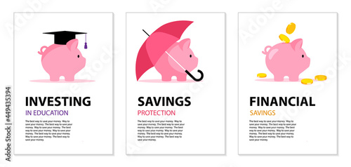 Concept of finance insurance, safe investment, banking, education. Set of posters. Piggy bank under red umbrella, in graduates hat, with coins. Modern vector illustrations for cover, poster, adv.