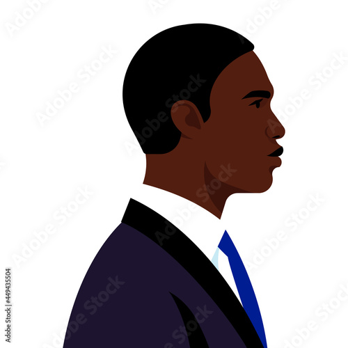 Young black businessman, black man in black business suit. Portrait of entrepreneur, office worker, specialist. Realistic portrait of beautiful person. Modern vector illustration.