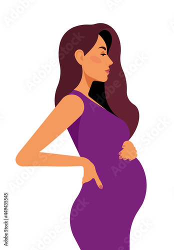 Pregnant woman with her tummy. Realistic female portrait - beautiful face, long hair, white skin, caucasian ethnicity. Beauty dressed in vivid clothes touching the belly. Side view. Perfect vector.