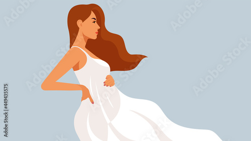 Pregnant woman in white dress. Pretty woman with her tummy. Touching belly. Realistic female portrait, caucasian ethnicity. Long fluttering dress, gorgeous hair, wind. Side view. Perfect vector.