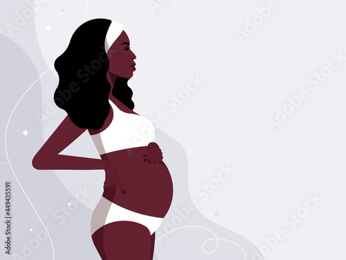 Pregnant black woman with her tummy. Realistic female portrait - beautiful face, long hair, african-american ethnicity. Beauty dressed in white underwear, touching the belly. Side view. Perfect vector