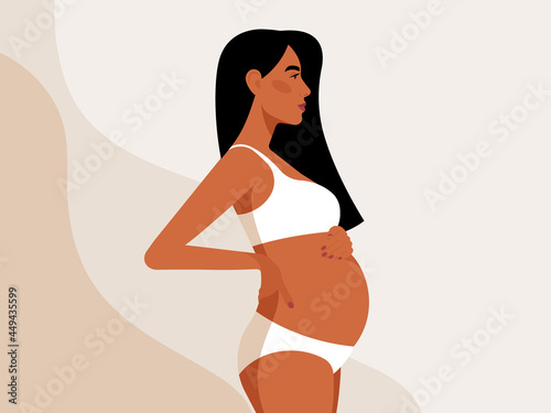 Beautiful latin woman with her tummy. Realistic pregnant beauty. Spanish girl, long hair, latin american ethnicity. Beauty dressed white underwear touching the belly. Perfect vector illustration