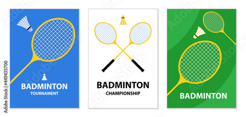 Badminton tournament posters. Badminton rackets and shuttlecock. Sports equipment. Illustration for sports competition, badminton championship. Modern illustration for poster, card, cover.