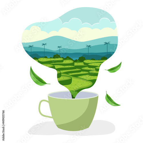 flat vector illustration of tea garden in a tea cup 