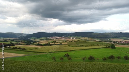 Drohnenaufnahme, Mönchberg mit Wolkenhimmel, Ort im Spessart photo