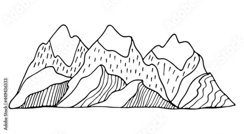 Black outline abstract mountains on white background. Nature doodles. Hand drawing vector illustrations.