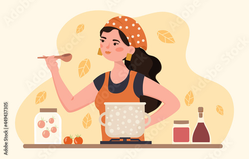 Girl in apron cooking. Woman holds ladle in her hands and tastes the soup. Healthy food made from fresh product aromatic herb and spice. Cartoon flat vector illustration isolated on a white background
