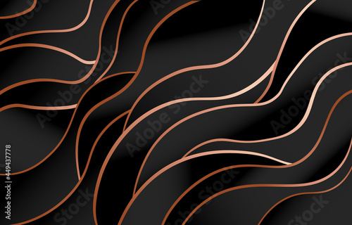 Luxury paper cut background. Dark gradient shapes with golden outline. Abstract background for decorating walls, posters and banners. Template for printing. Minimalistic modern paper cut illustration