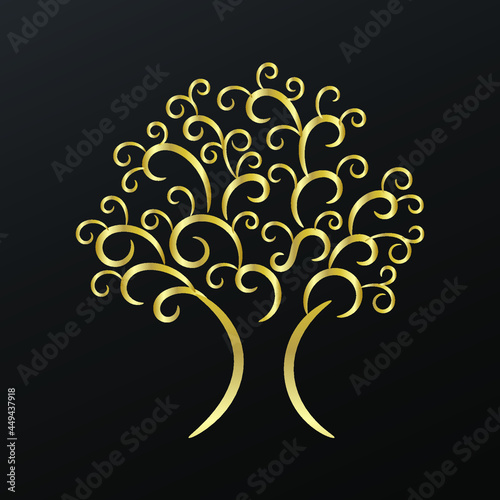 Abstract golden stylized tree on black background, vector