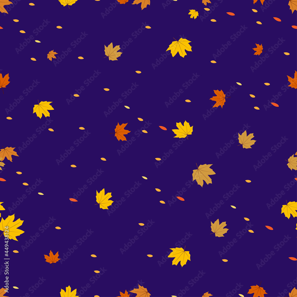 Fototapeta premium Seamless pattern autumn leaves on blue background, Endless design random maples laves in yellow and orange colour for Autumnal or Fall season background