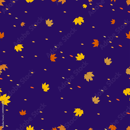 Seamless pattern autumn leaves on blue background, Endless design random maples laves in yellow and orange colour for Autumnal or Fall season background