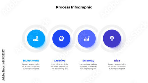 Four circle elements in horizontal row for infographic and presentation. Concept of 4 steps of business development process