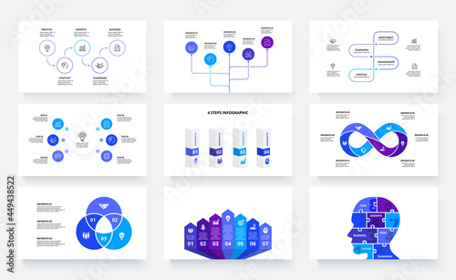 Nine slides with infographics elements. Circles, puzzle, arrows and charts info graphic design templates. Set of Infograph concept with 3, 4, 5, 6 and 7 options photo