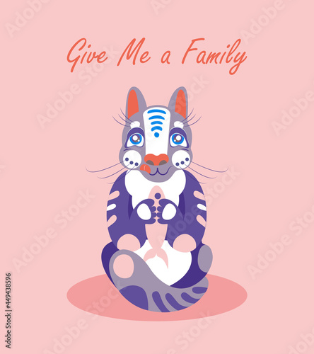 International Homeless Animals Day. Give me a family. A cute blue cat and a fish on the soft pink background