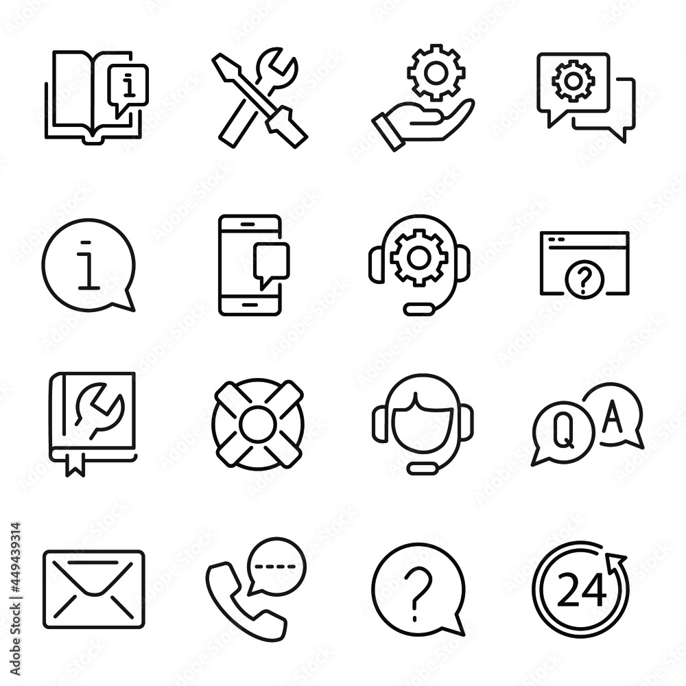 Help and support icon set. Help and support pack symbol vector elements for infographic web Help and support icon set. Help and support pack symbol vector elements for infographic web
