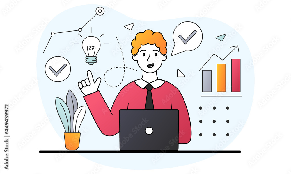 Working at computer concept. Business developement, career success or growth and opportunity. Man performs tasks on laptop. Cartoon doodle flat vector illustration isolated on a white background Working at computer concept. Business developement, career success or growth and opportunity. Man performs tasks on laptop. Cartoon doodle flat vector illustration isolated on a white background