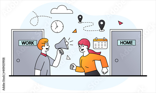 Employees return to work concept. Woman runs to office from home after lifting restrictions. Reopen economy after Coronavirus lockdown. Cartoon doodle flat vector illustration on white background