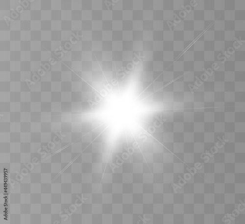Bright white light effect with rays and highlights for vector illustration.