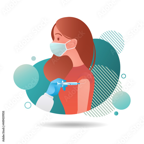 Portrait of woman with face mask getting vaccinated isolated on white background. Covid-19 prevention and immunization concept vector illustration