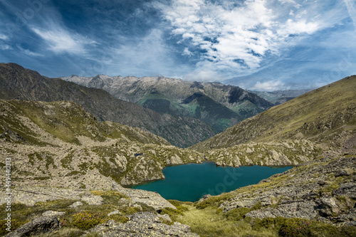 View of "Etangs du Picot" with beautiful sky, Lake mountain landscape, Pyrenees, France